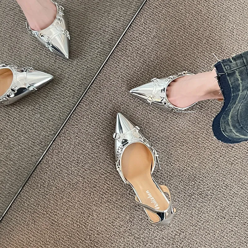NTOZE Slim Heel High Heels Women's Silver-1