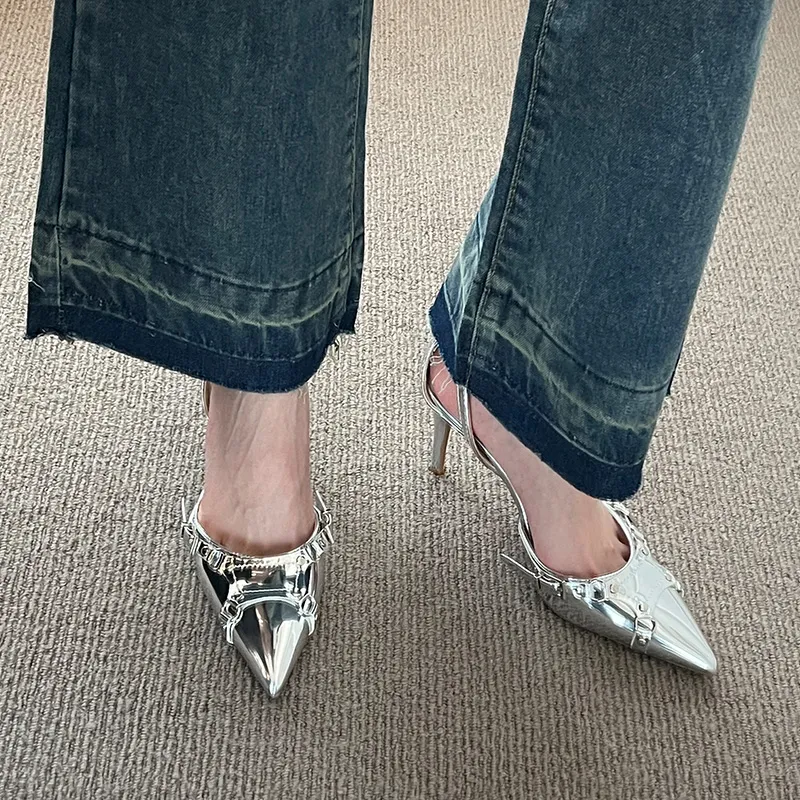 NTOZE Slim Heel High Heels Women's Silver-7