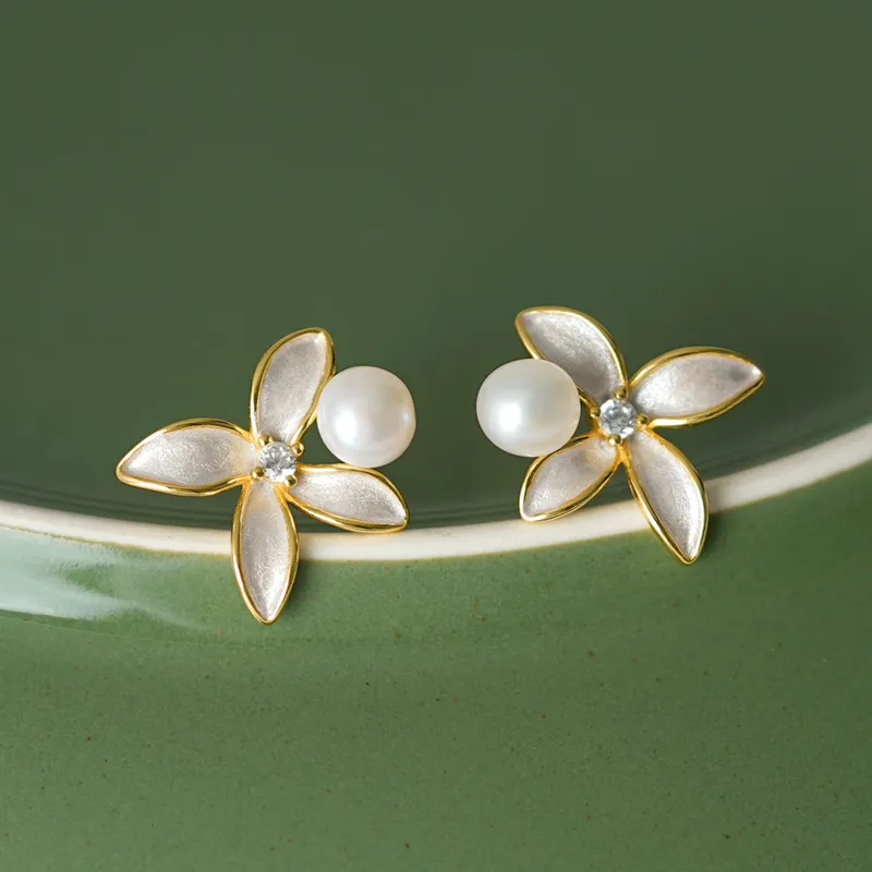 Old Fu Gold Pearl Stud Earrings Women's-3