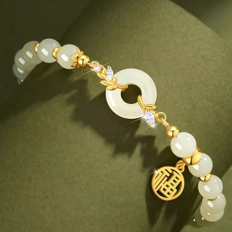 Old Fu Gold S925 Sterling Silver, Hetian Jade Bracelet Pale Greenish White Jade Women's-2