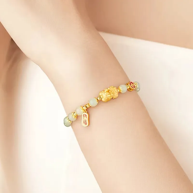 Old Fu Gold S925 Sterling Silver, Hetian Jade Bracelet Pale Greenish White Jade Women's-6