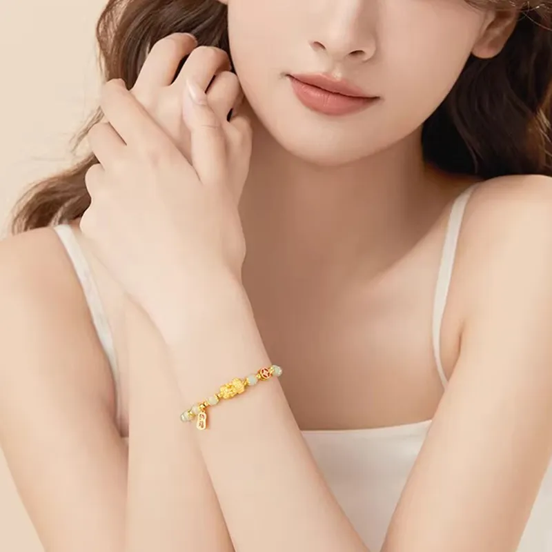 Old Fu Gold S925 Sterling Silver, Hetian Jade Bracelet Pale Greenish White Jade Women's-5