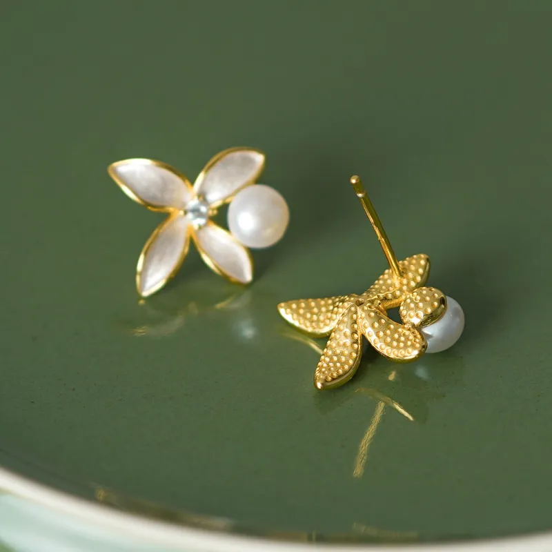 Old Fu Gold Pearl Stud Earrings Women's-1
