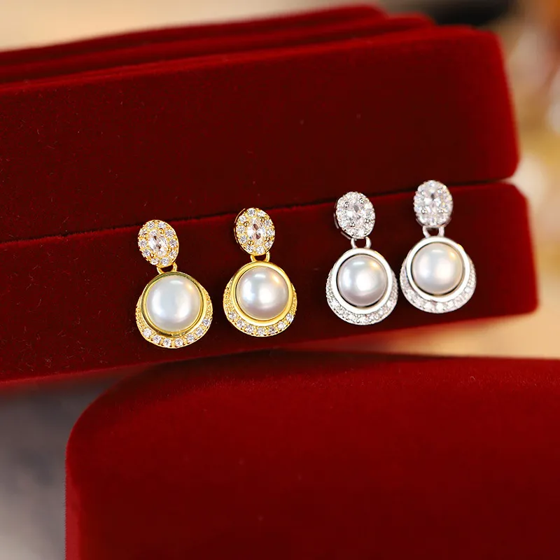 Old Fu Gold Pearl Stud Earrings Women's-2
