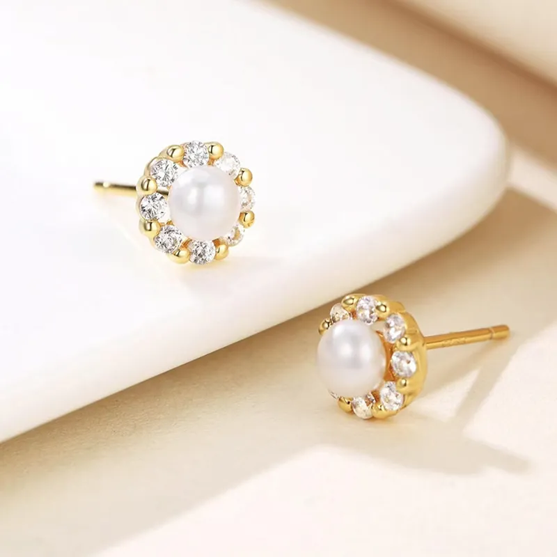 Old Fu Gold Pearl Stud Earrings Women's-2