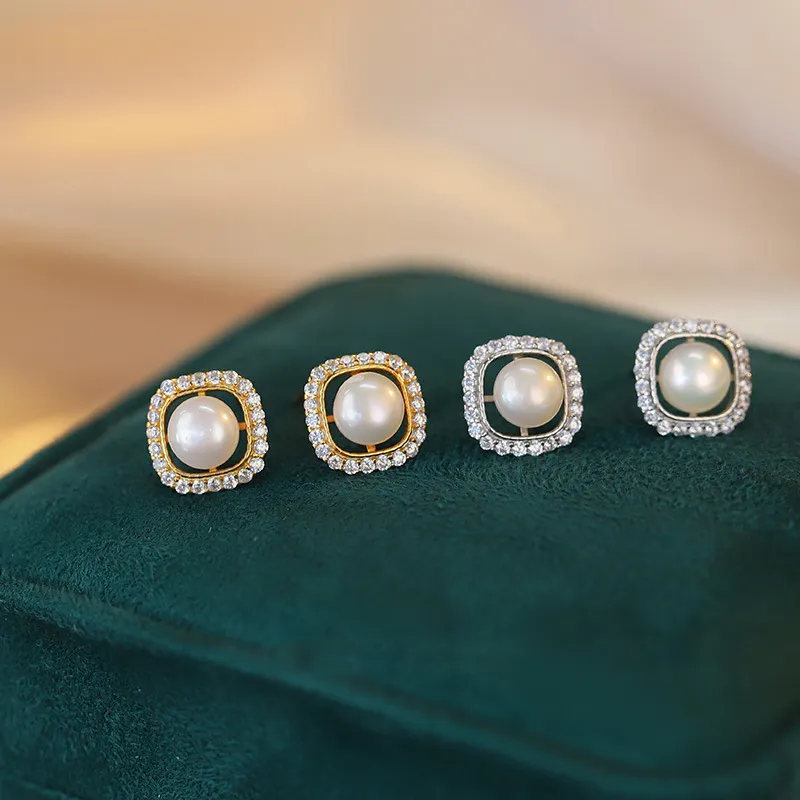 Old Fu Gold Pearl Stud Earrings Women's-1