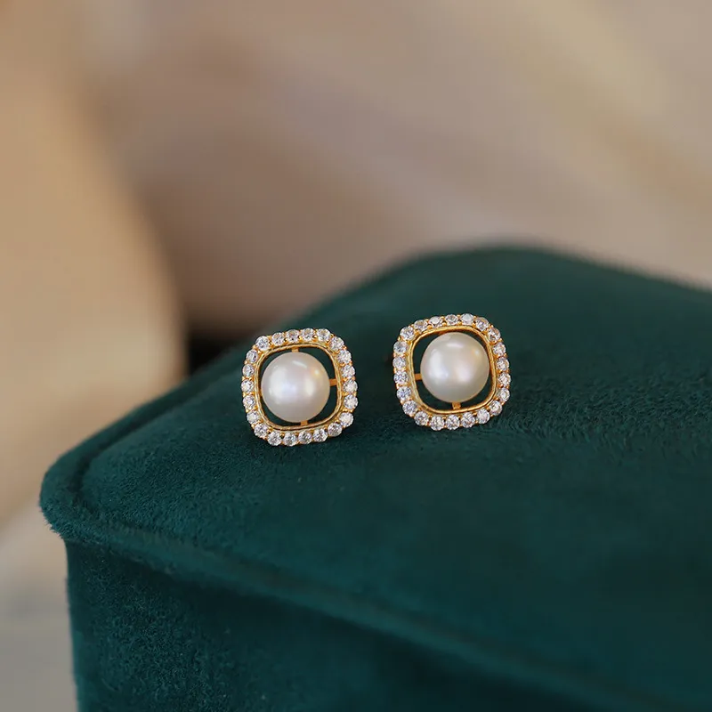 Old Fu Gold Pearl Stud Earrings Women's-4