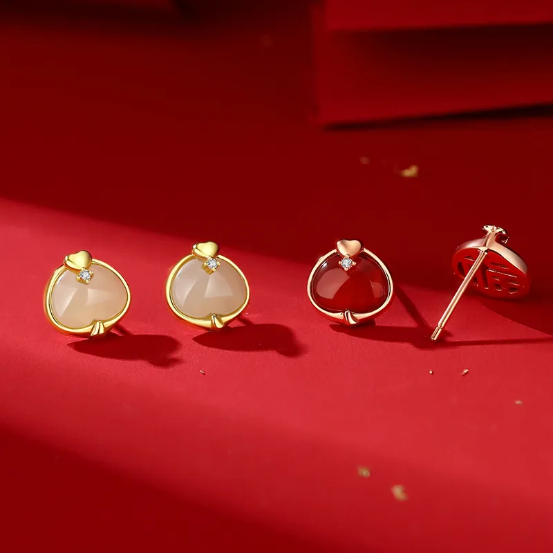 Old Fu Gold Agate 925 Sterling Silver, Jade Stud Earring Women's-7