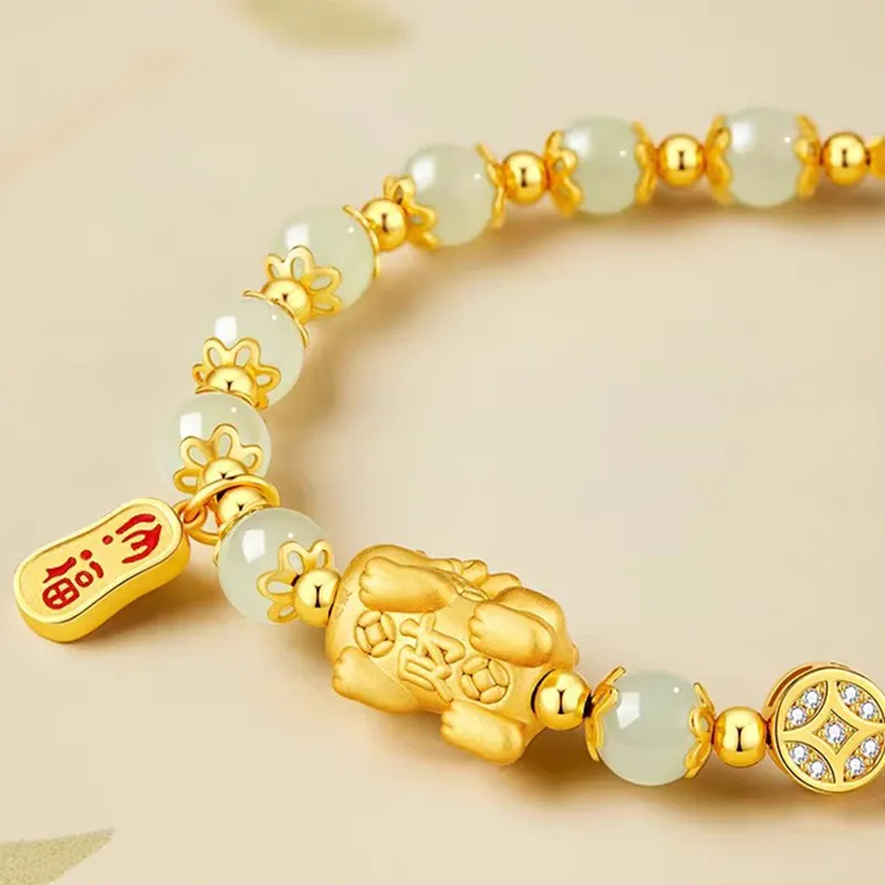 Old Fu Gold S925 Sterling Silver, Hetian Jade Bracelet Pale Greenish White Jade Women's-3