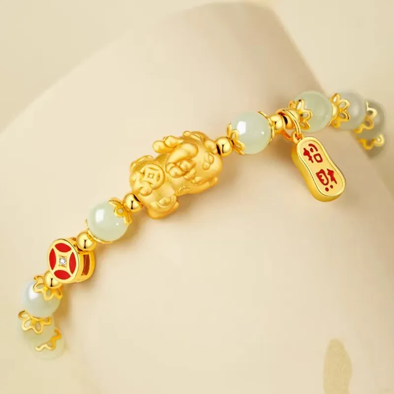Old Fu Gold S925 Sterling Silver, Hetian Jade Bracelet Pale Greenish White Jade Women's-4