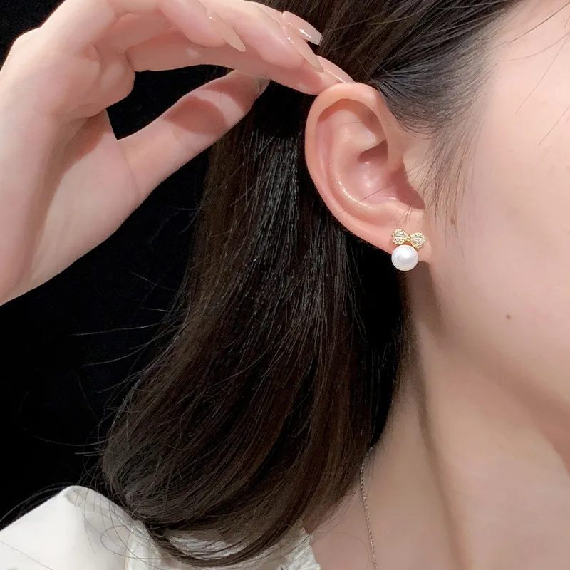 Old Fu Gold Pearl Stud Earrings Women's-2