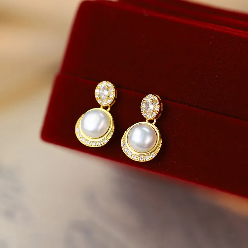 Old Fu Gold Pearl Stud Earrings Women's-1