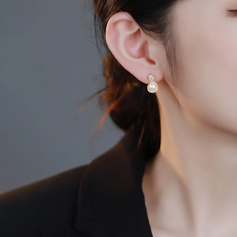 Old Fu Gold Pearl Stud Earrings Women's-3