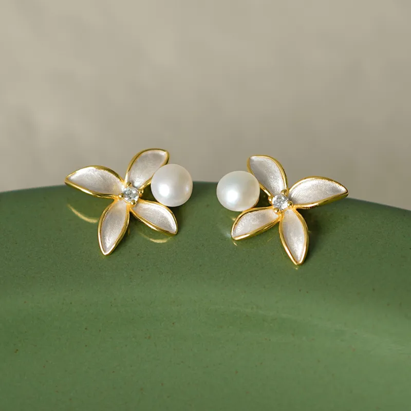 Old Fu Gold Pearl Stud Earrings Women's-4