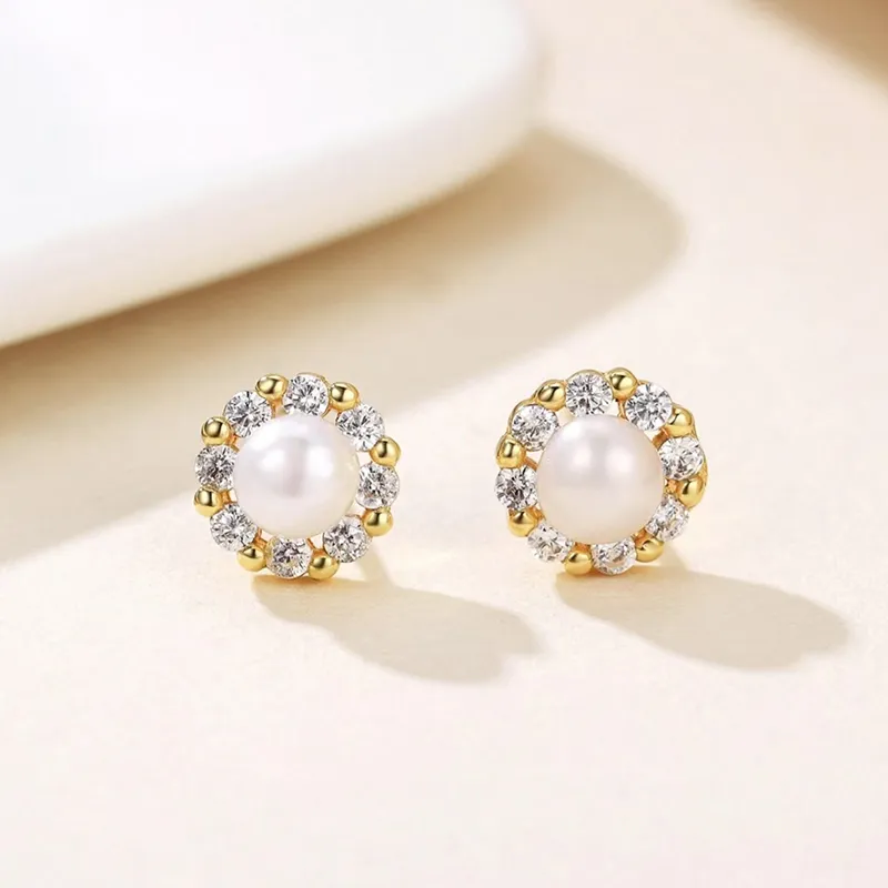 Old Fu Gold Pearl Stud Earrings Women's-3