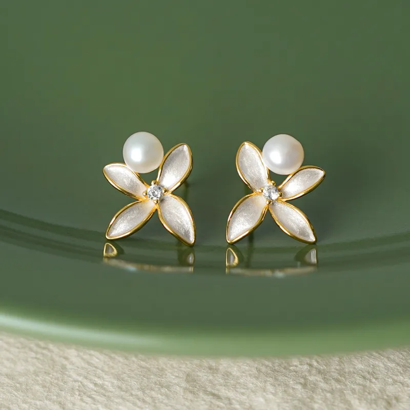 Old Fu Gold Pearl Stud Earrings Women's-2
