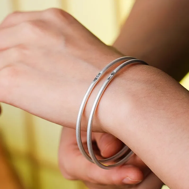 Old Fu Gold S999 Fine Silver Sterling Silver Bangle Women's Good Luck-8