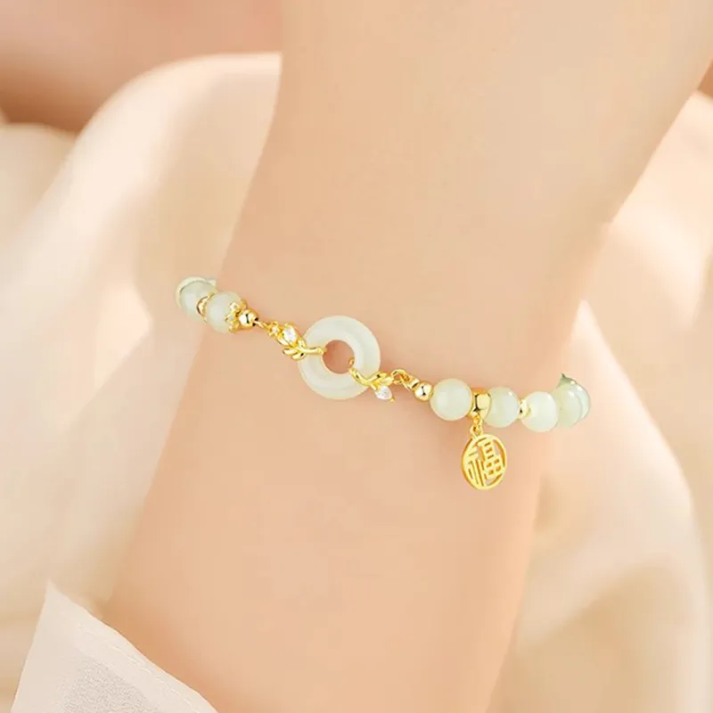 Old Fu Gold S925 Sterling Silver, Hetian Jade Bracelet Pale Greenish White Jade Women's-6