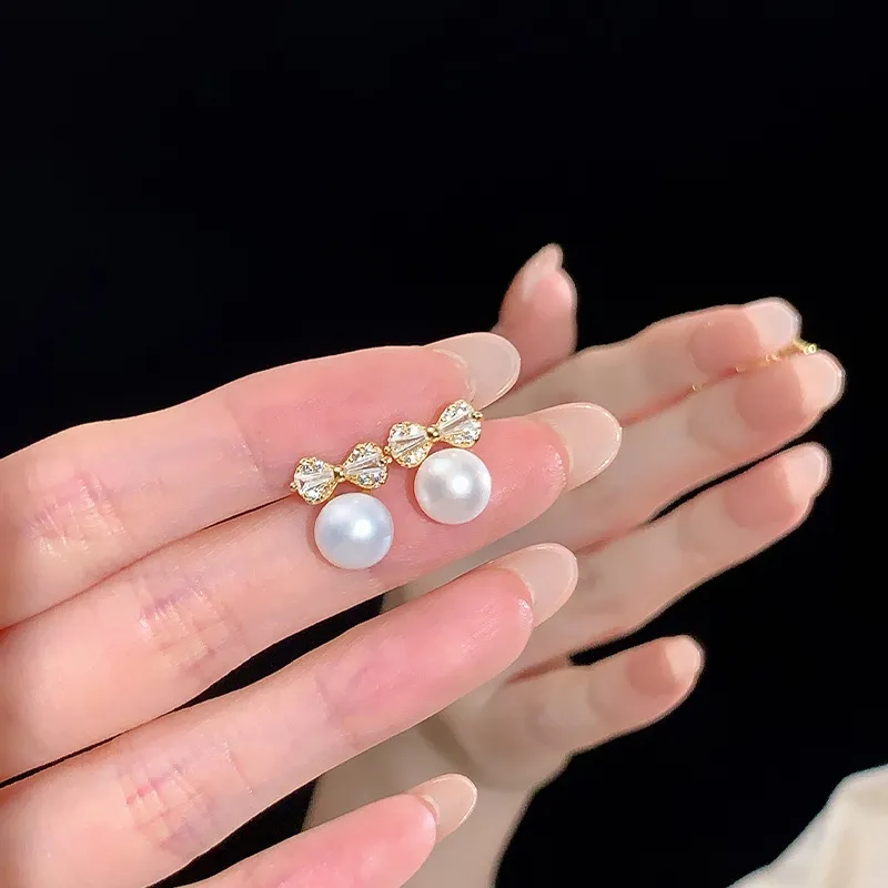 Old Fu Gold Pearl Stud Earrings Women's-3