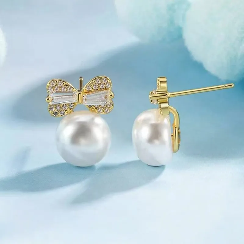 Old Fu Gold Pearl Stud Earrings Women's-1