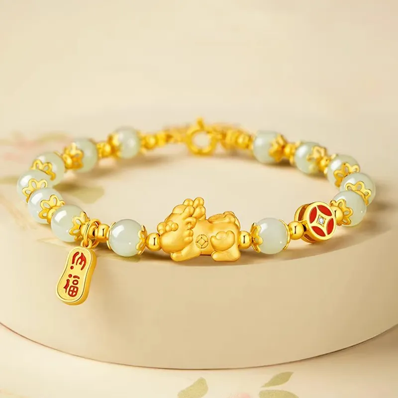 Old Fu Gold S925 Sterling Silver, Hetian Jade Bracelet Pale Greenish White Jade Women's-1