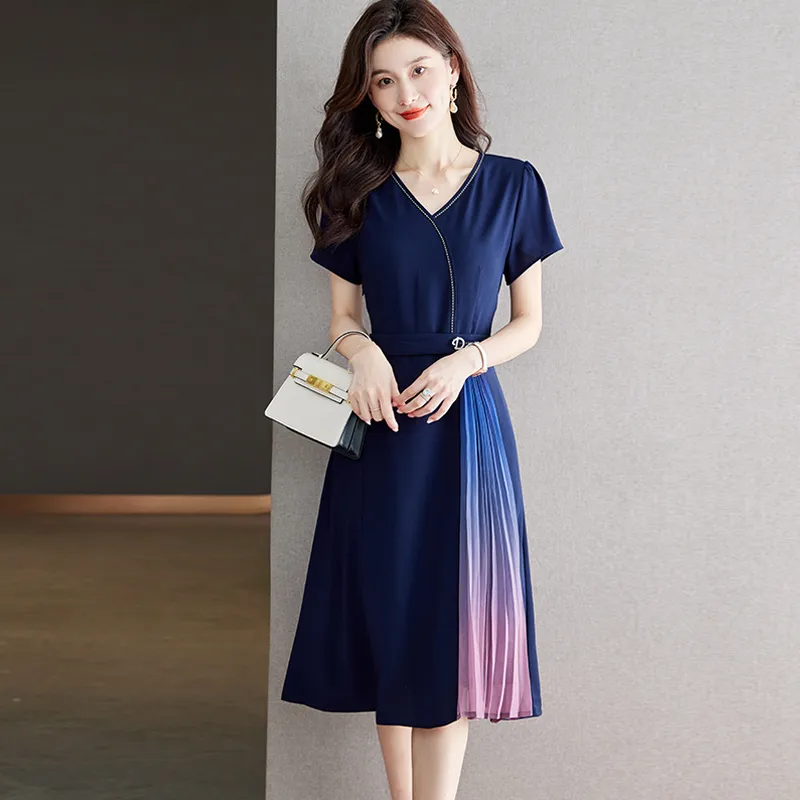 Korean Style Short Sleeved Dress Women's Navy Blue-2