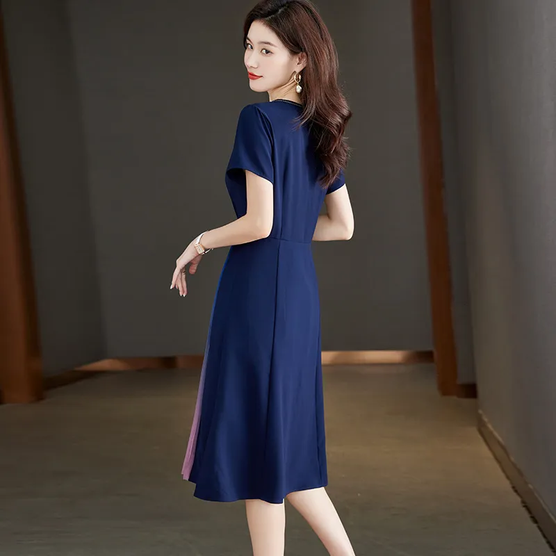 Korean Style Short Sleeved Dress Women's Navy Blue-3