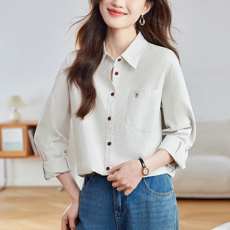 Korean Style Shirt Women's Light Beige Green-3