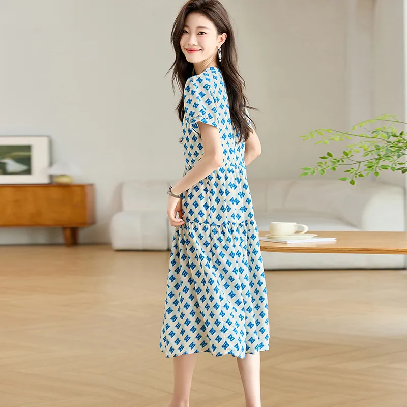 Korean Style Short Sleeved Dress Women's Blue-2