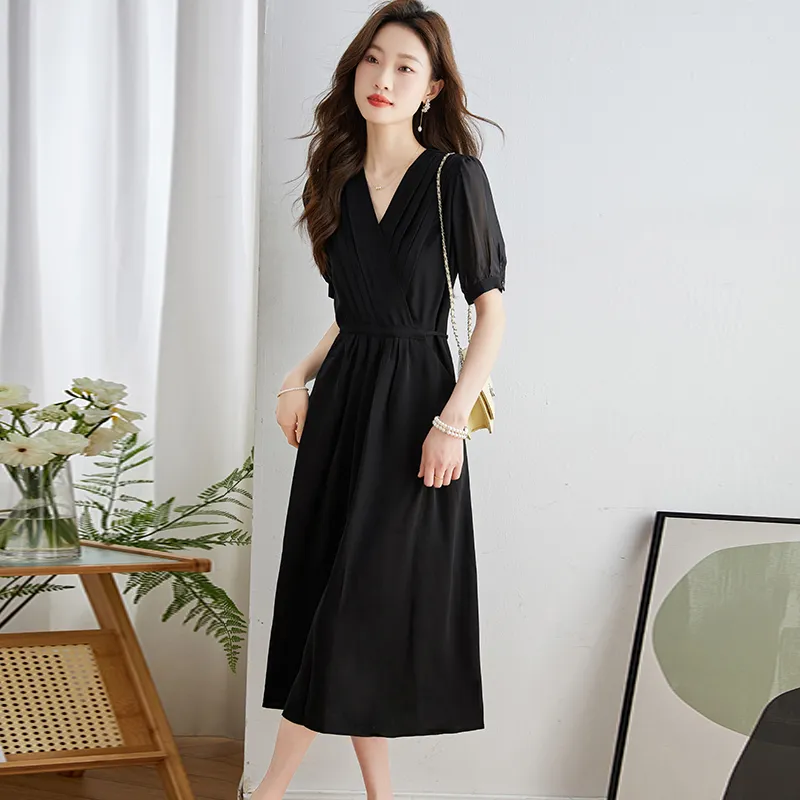 Korean Style Short Sleeved Dress Women's Black-2