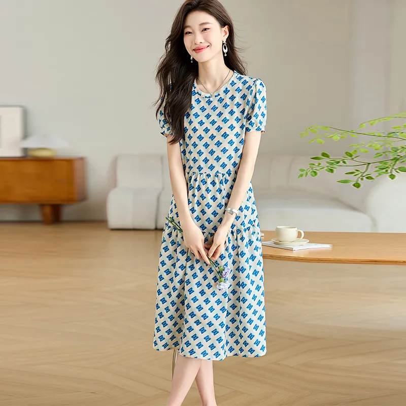 Korean Style Short Sleeved Dress Women's Blue-1