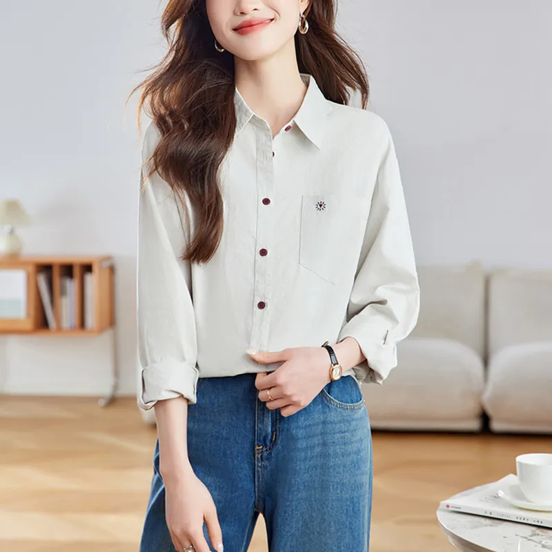Korean Style Shirt Women's Light Beige Green-4