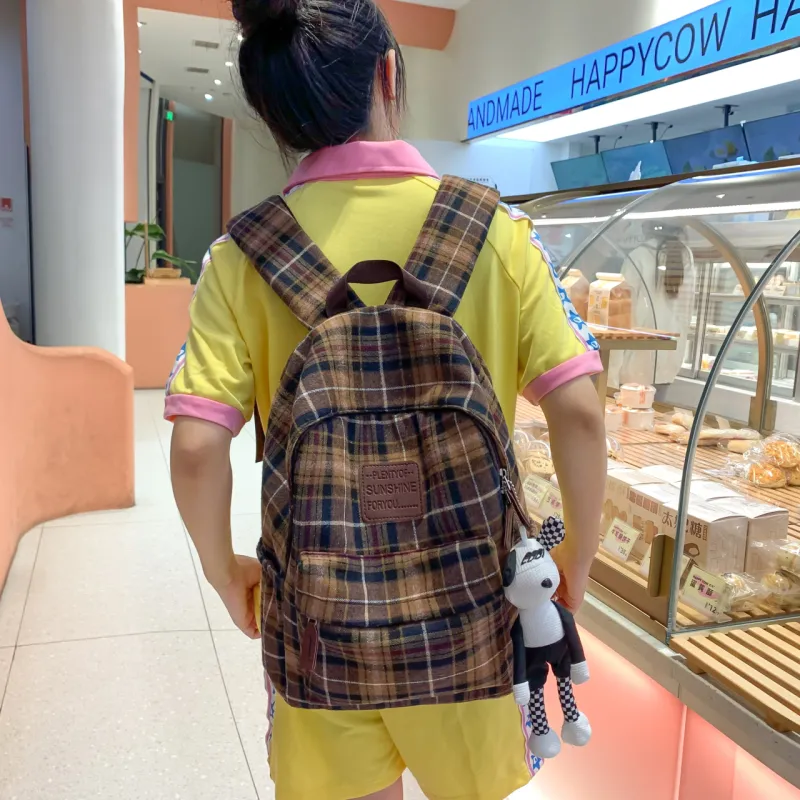 Yalu Woolen Backpack Unisex Black White Plaid/Brown Gray Plaid/Red Plaid/Brown Blue Plaid-17