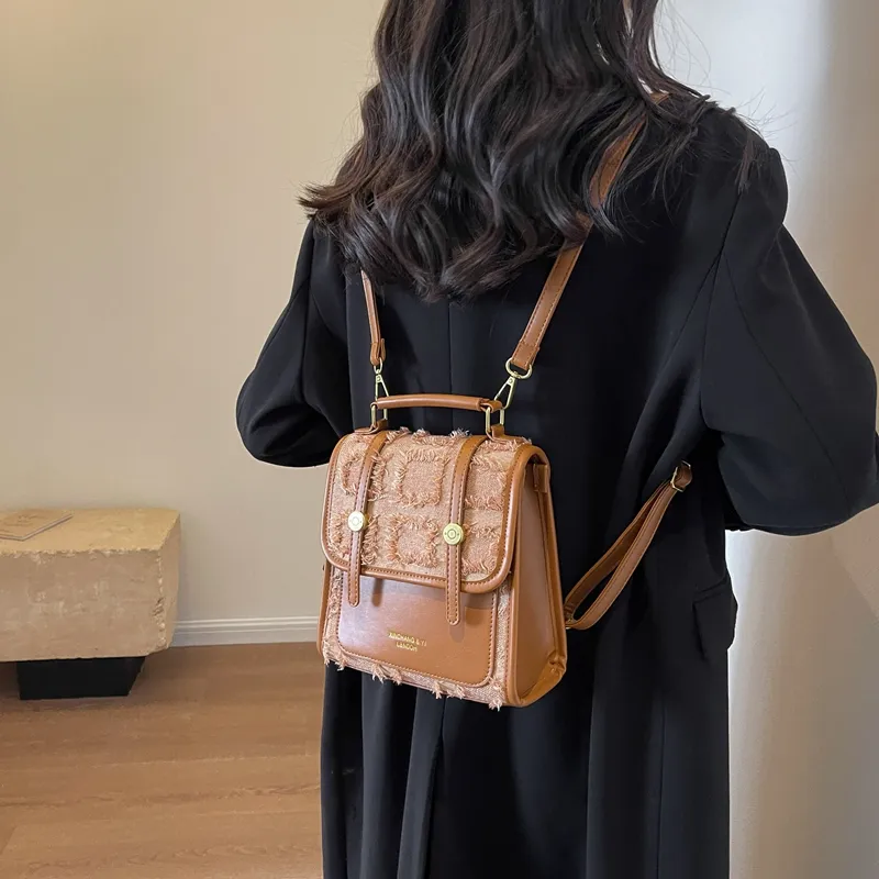 Yalu Woven/PU Backpack Unisex Black/Light Brown/Black And White Plaid-8