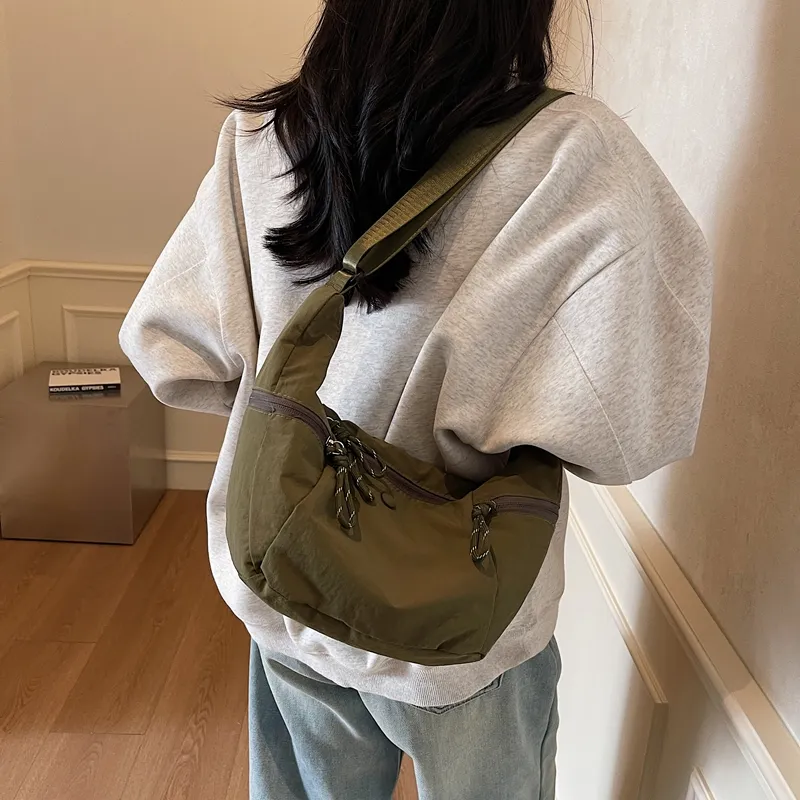 Yalu Fabric Shoulder Bag, Crossbody Bag Unisex Ecru/Black/Khaki/Army Green-19
