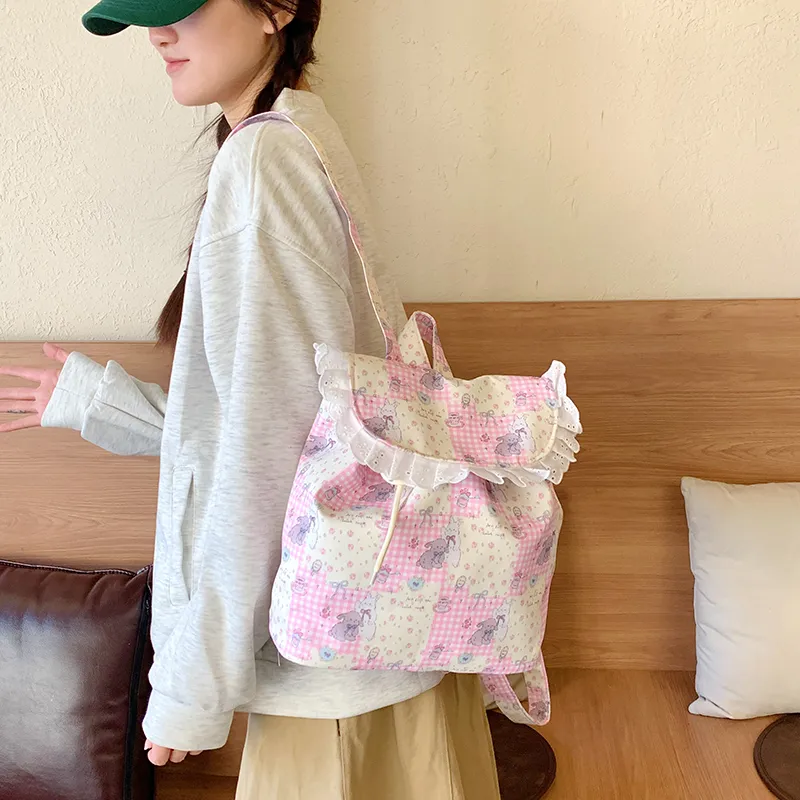 Yalu Nylon Fabric Backpack Unisex Yellow & Pink/White/Ecru/Pink-4
