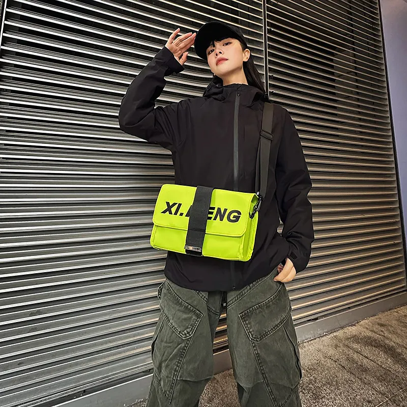 Yalu Nylon Fabric Shoulder Bag, Crossbody Bag Unisex Ecru/Gray/Black/Orange Red/Khaki/Neon Green-25