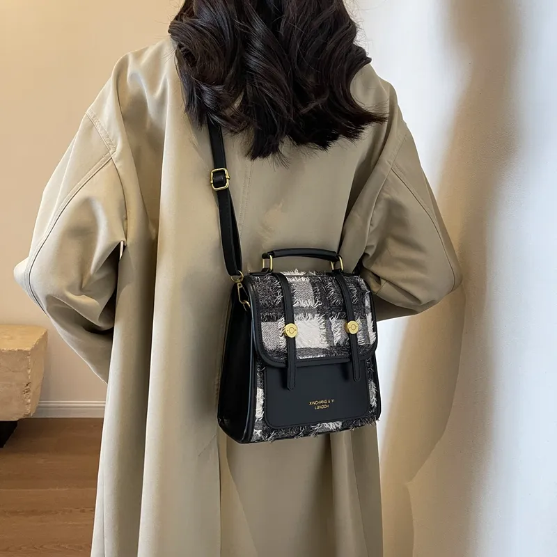 Yalu Woven/PU Backpack Unisex Black/Light Brown/Black And White Plaid-17