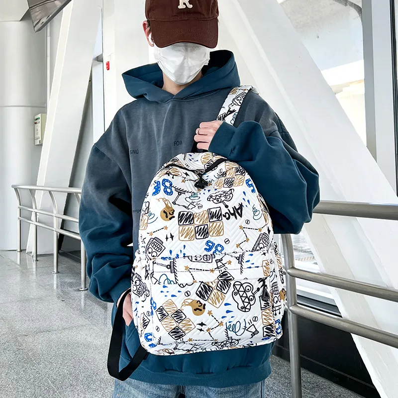 Yalu Nylon Fabric Backpack Unisex White/Sky Blue/Lake Blue-5