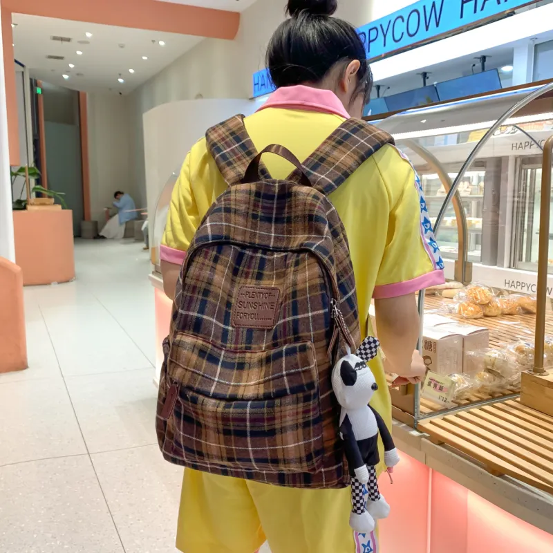 Yalu Woolen Backpack Unisex Black White Plaid/Brown Gray Plaid/Red Plaid/Brown Blue Plaid-16