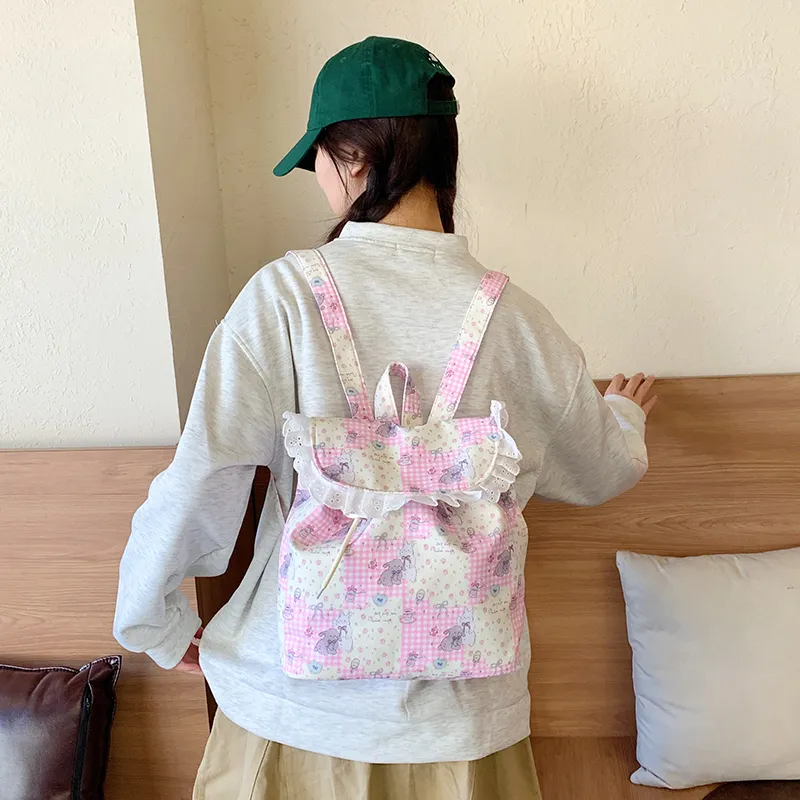 Yalu Nylon Fabric Backpack Unisex Yellow & Pink/White/Ecru/Pink-5