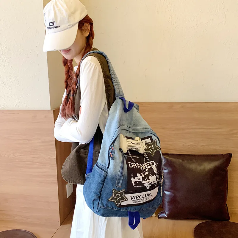 Yalu Fabric Backpack Regular Unisex Denim Blue/Denim Black-4