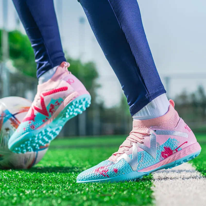 Kuding Soccer Shoes Unisex Low Top Pink/White Gray/White/Neon Green-38