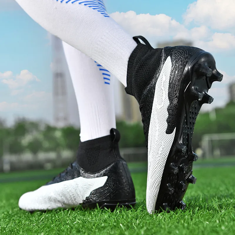 Kuding Soccer Shoes Unisex High Top Black/Black White-4