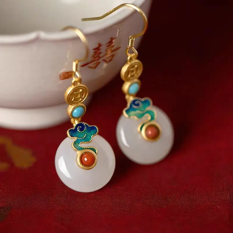 XIFULI Hetian Jade Earrings Pale Greenish White Jade Women's-2