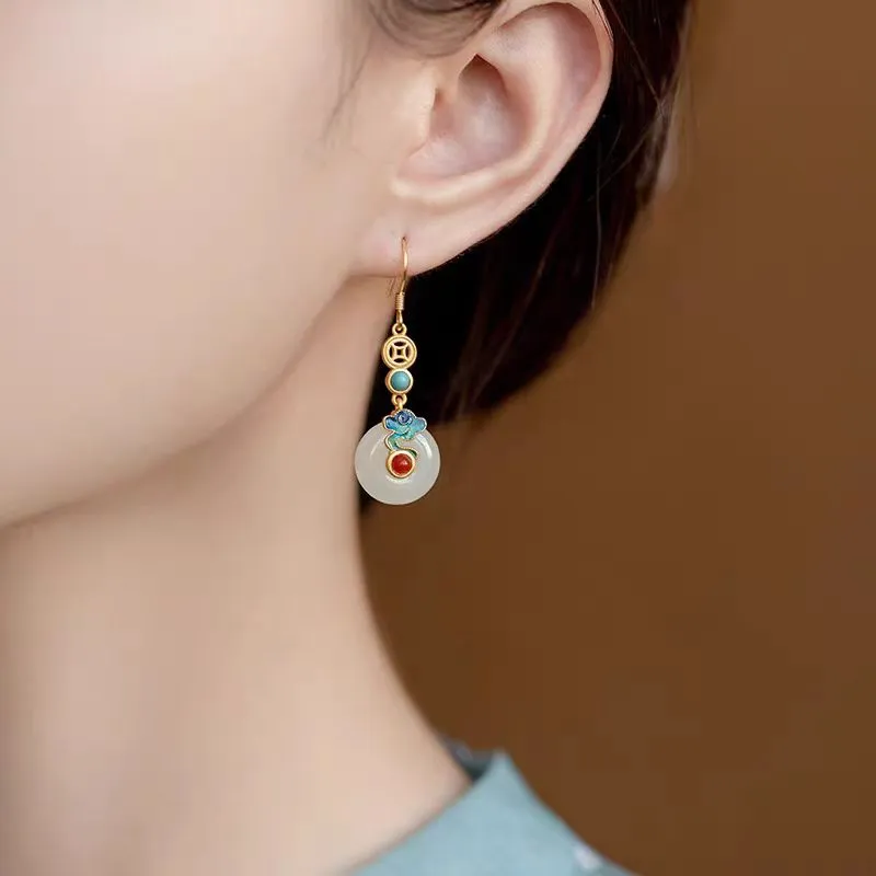 XIFULI Hetian Jade Earrings Pale Greenish White Jade Women's-3