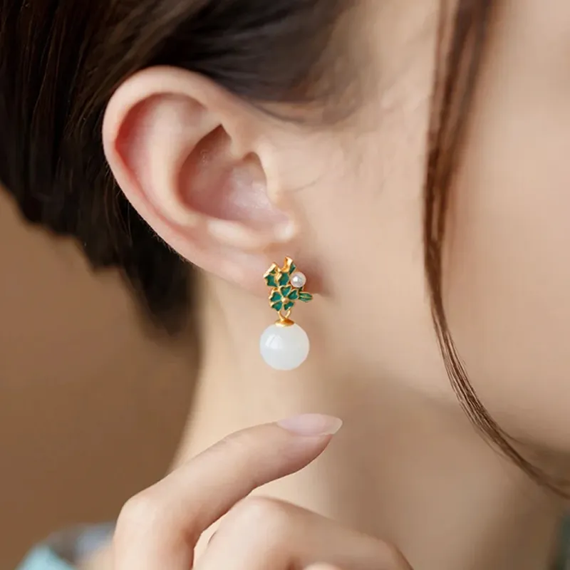 XIFULI Hetian Jade Earrings Pale Greenish White Jade Women's-5