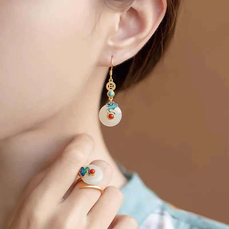 XIFULI Hetian Jade Earrings Pale Greenish White Jade Women's-4