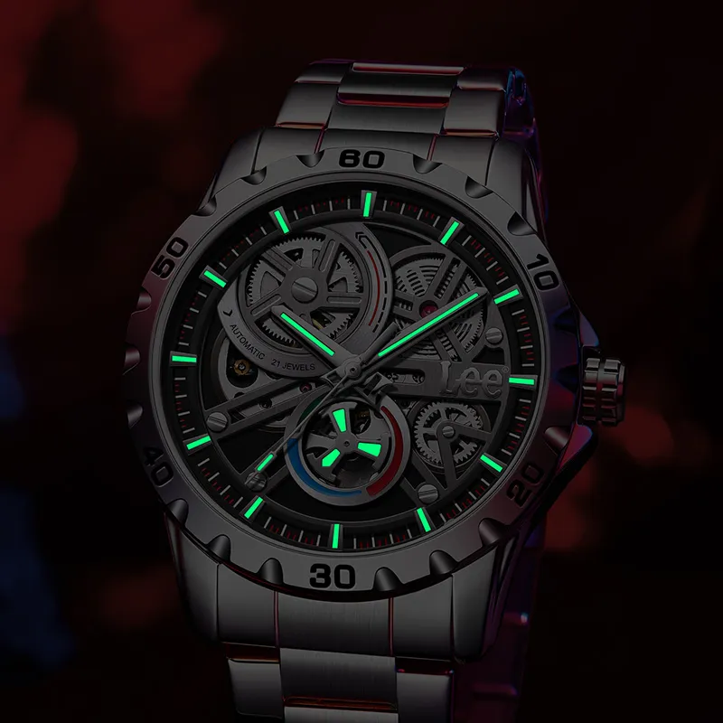 Lee Wrist Watch Mechanical Movement Steel Strap Cut Out Dial Men's Watches-4