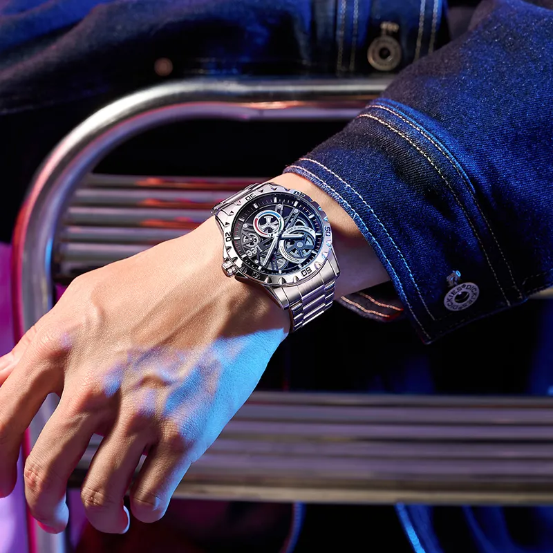 Lee Wrist Watch Mechanical Movement Steel Strap Cut Out Dial Men's Watches-1